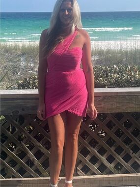 One-Shoulder Hot Pink Ruched Mini Dress